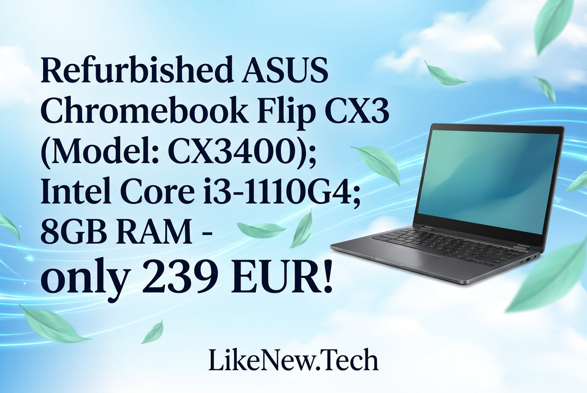 ASUS Chromebook promotional banner with sky-blue tech styling, flying mint-green leaves, and the 239 EUR offer