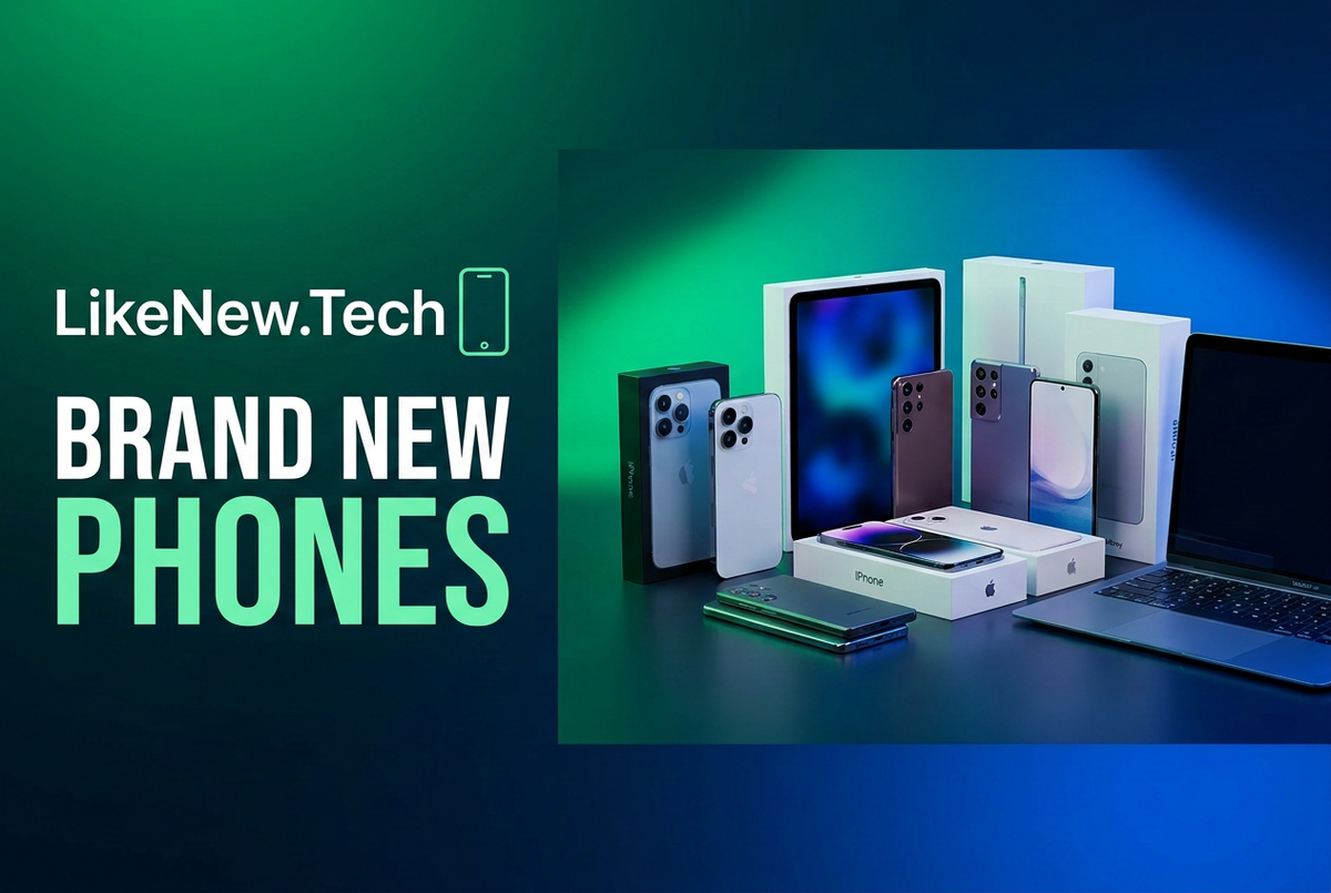 LikeNew.Tech banner with BRAND NEW PHONES heading