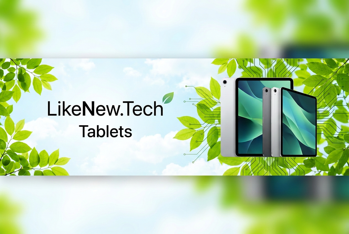 Leafy sky and tech Tablets banner with LikeNew.Tech branding