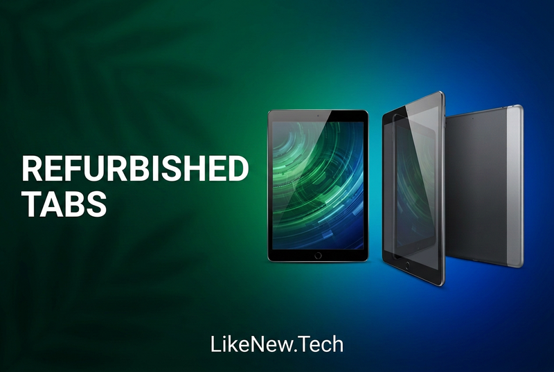 Refurbished tablets banner with REFURBISHED TABS heading and LikeNew.Tech at the bottom