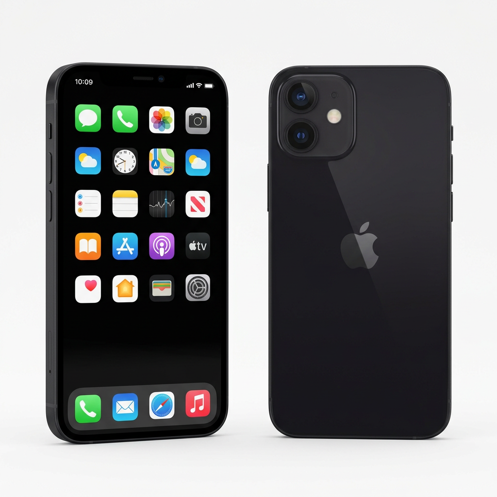 AI-generated model-reference illustration of a black iPhone 12 mini, front and rear views; not the actual unit