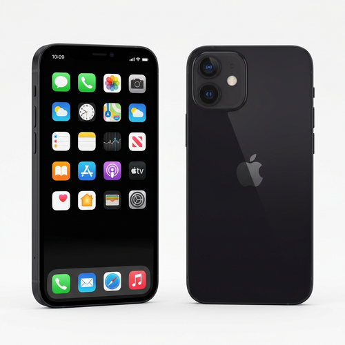 AI-generated model-reference illustration of a black iPhone 12 mini, front and rear views; not the actual unit