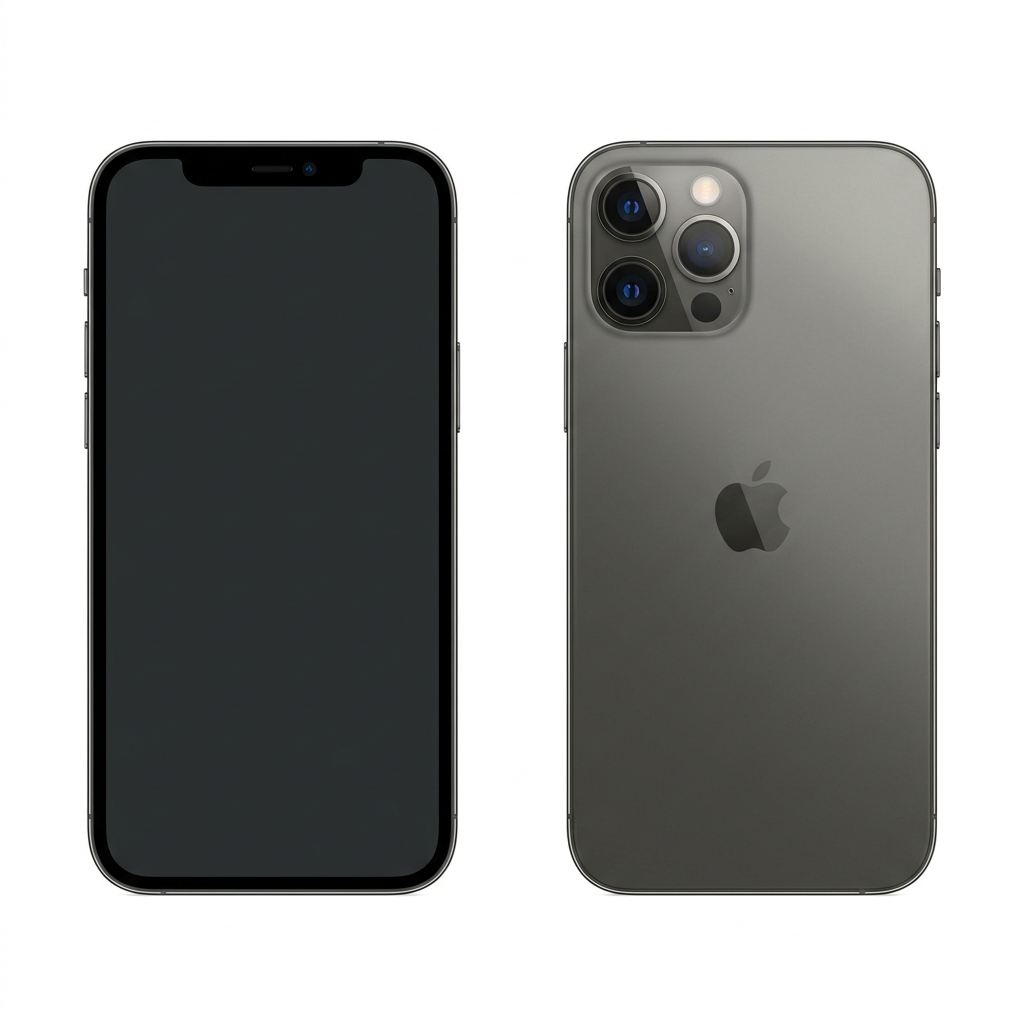 AI-generated graphite iPhone 12 Pro model-reference illustration, front and rear views; not the actual unit