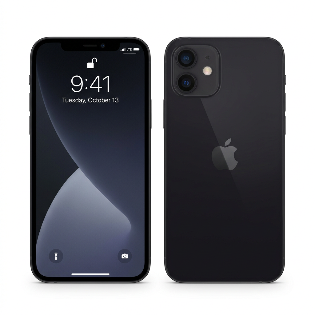 AI-generated representative illustration of a black iPhone 12, front and rear views, not the actual refurbished unit