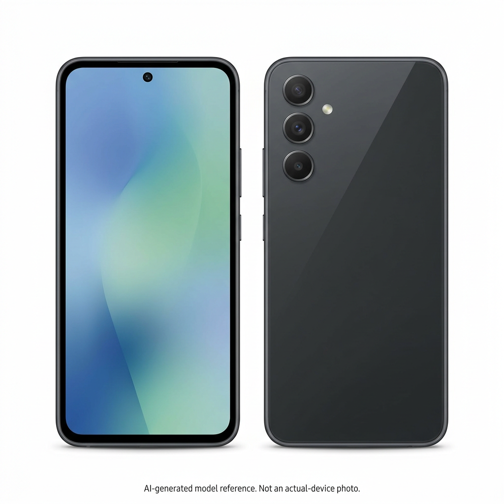 AI-generated Samsung Galaxy A54 5G in Graphite, front and rear model reference, not actual-device photo