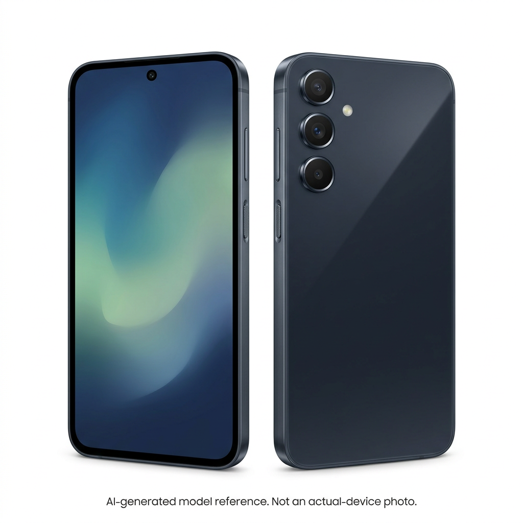 AI-generated Samsung Galaxy A55 5G in Awesome Navy, front and rear model reference, not an actual-device photo