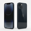 Illustrative iPhone 14 in Midnight, front and rear views on a white background