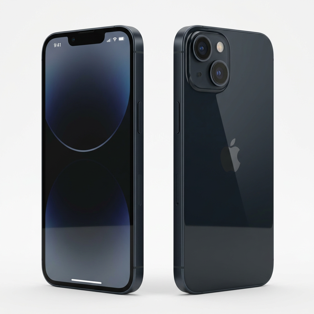 Illustrative iPhone 14 in Midnight, front and rear views on a white background