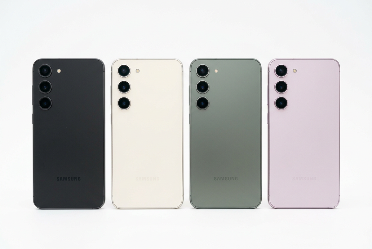 AI-generated Samsung Galaxy S23 Plus model illustration in Phantom Black, Cream, Green and Lavender; not an actual-unit photograph.