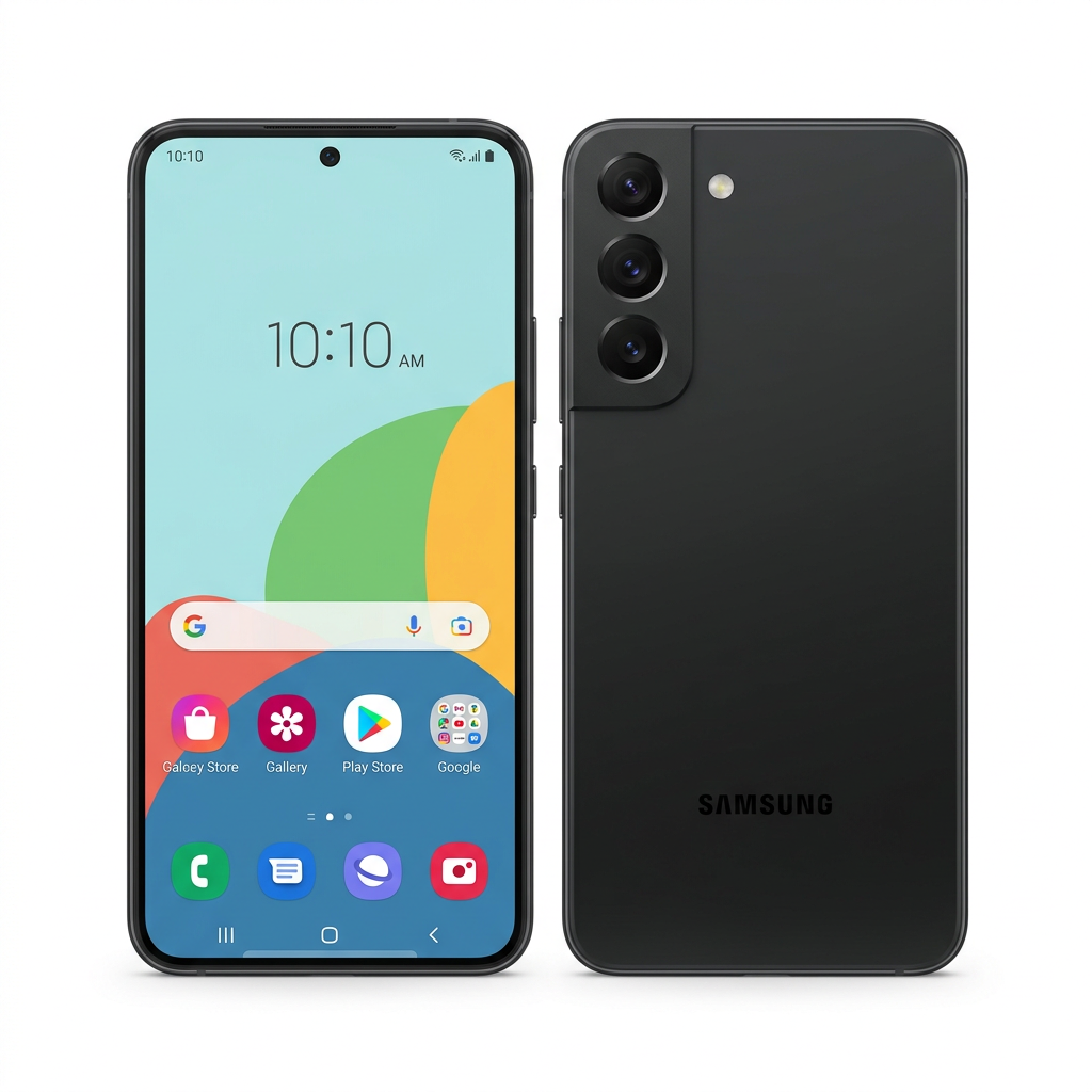 AI-generated Samsung Galaxy S22 front and rear model illustration in black; not the actual unit