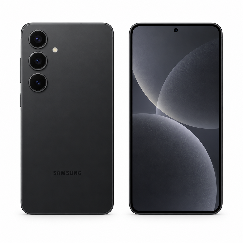 AI-generated illustration of Samsung Galaxy S24 Plus in Black, front and rear views on white background