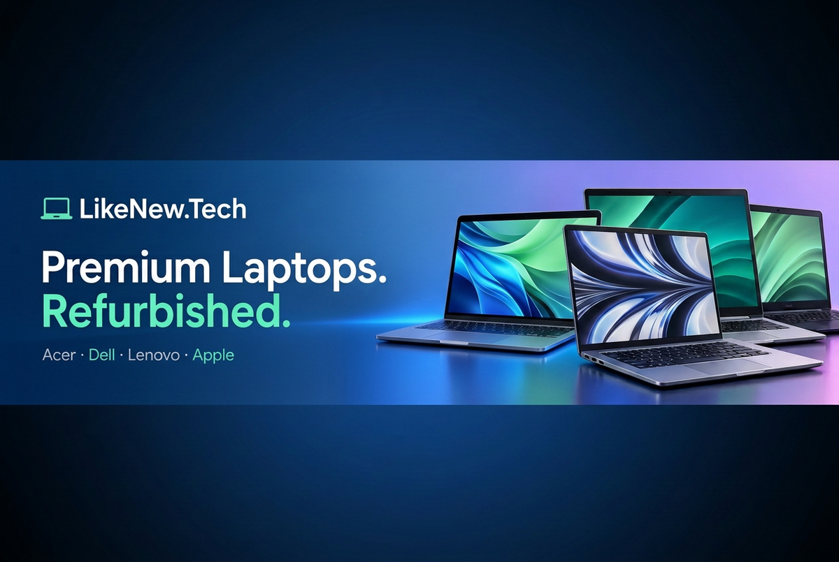 LikeNew.Tech refurbished laptop banner with space for a bottom-center shop button